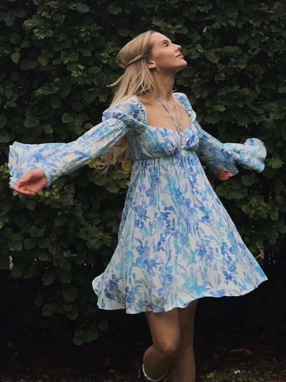 Zara Floral Square Neck Puff Sleeve Tie Front Mini Dress Spring Fall